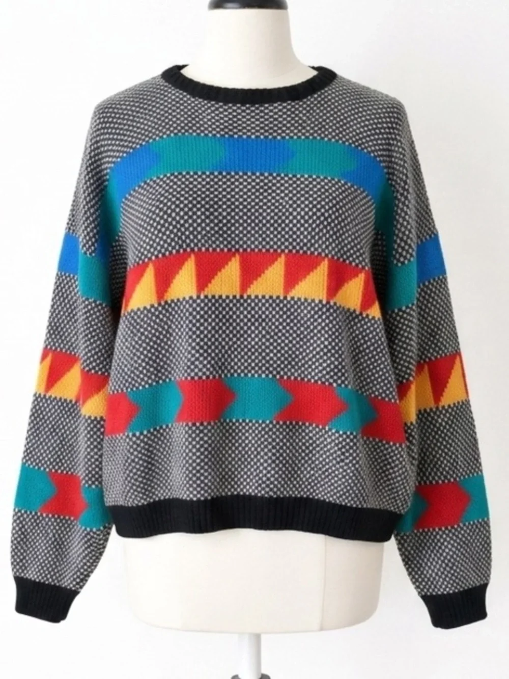 Vintage 80s 90s Southwestern Geometric Graphic Knit Sweater Adele Made USA Sz XL